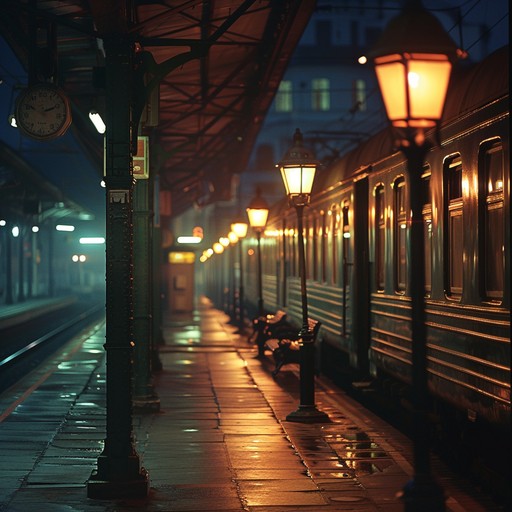Almost empty night platform lit by a short row of sodium lamps, shuttered kiosks along the far wall, a single bench with a backpack, and wet rails catching the last light beyond the canopy, 1600x1000